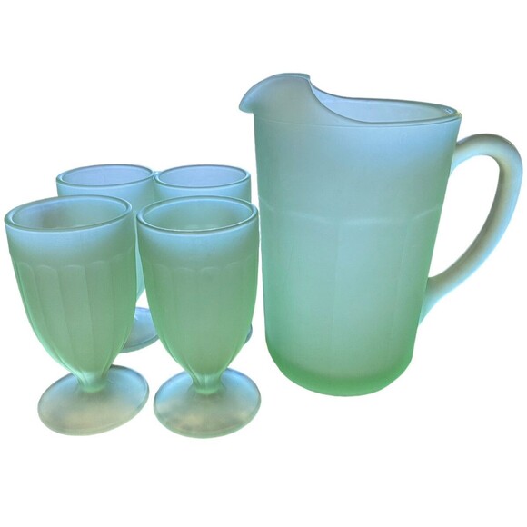 Vintage Jade Green Fogged Glass Pitcher & Goblet Lot of 5 MINTY Rare - Picture 1 of 10